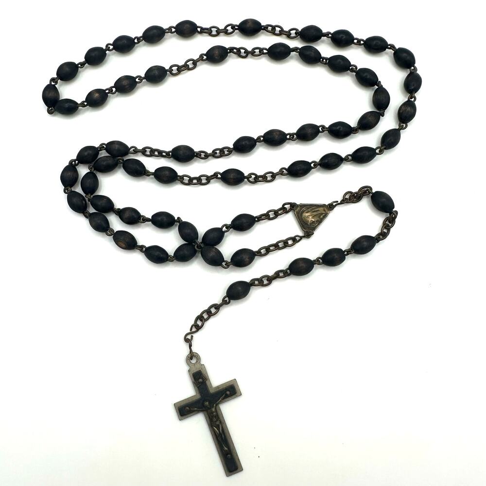 Antique Catholic brass black ebony beads beaded rosary prayer necklace